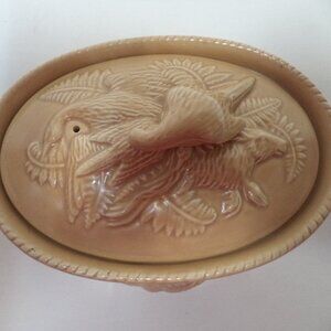 Haldon Group Vintage Pheasant ceramic Trinket Box oval 7" x 3" beige yellow Lid